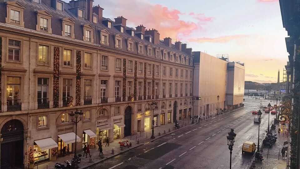 Luxury shopping street Rue Saint Honore in Paris. Famous brands